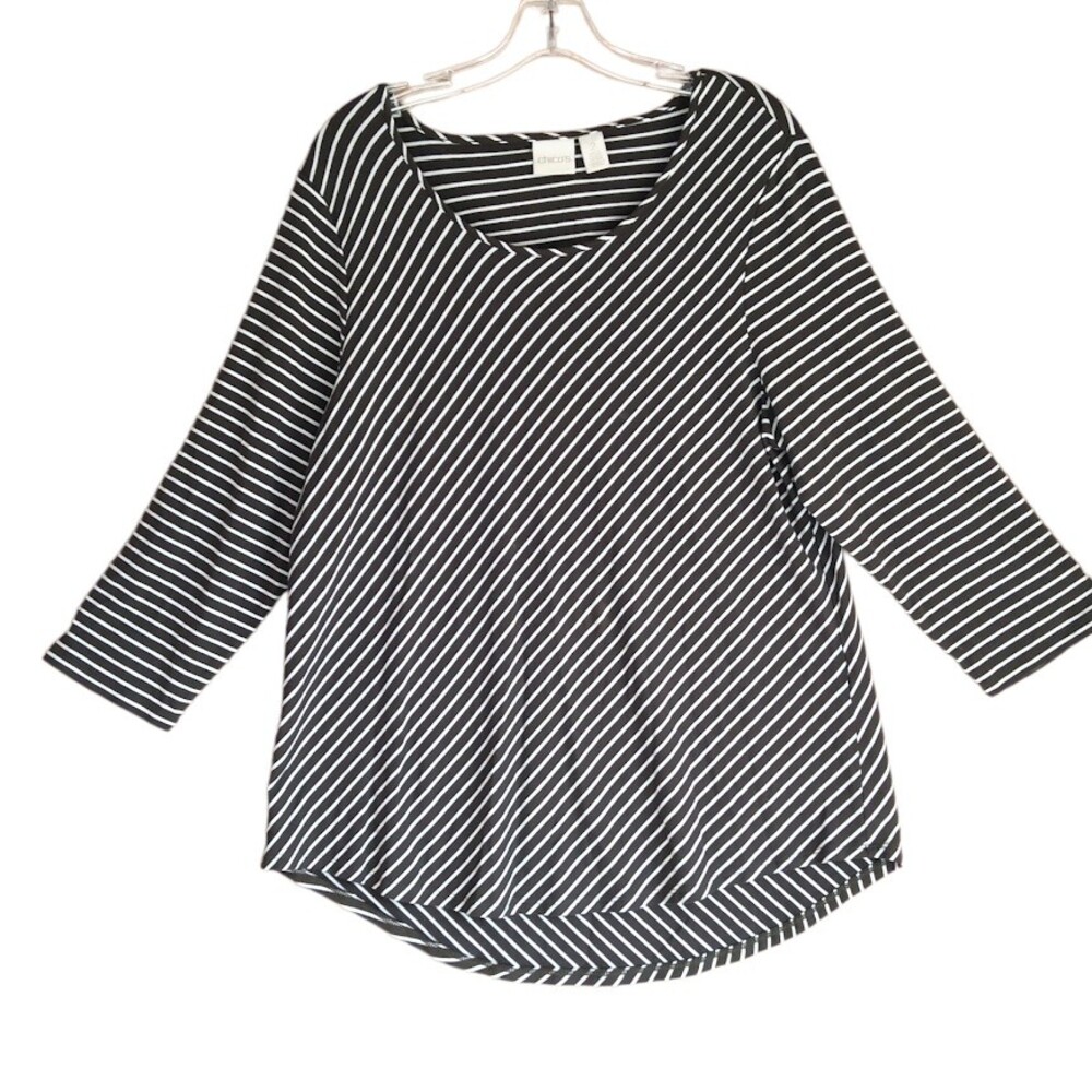 Chico's Striped Top Womens Size 2 L Olive White Cotton Blend French Girl Blouse